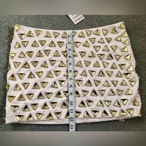 NEW BEBE micro mini winter cream gold triangle beaded beads super short skirt 8 - Picture 8 of 9